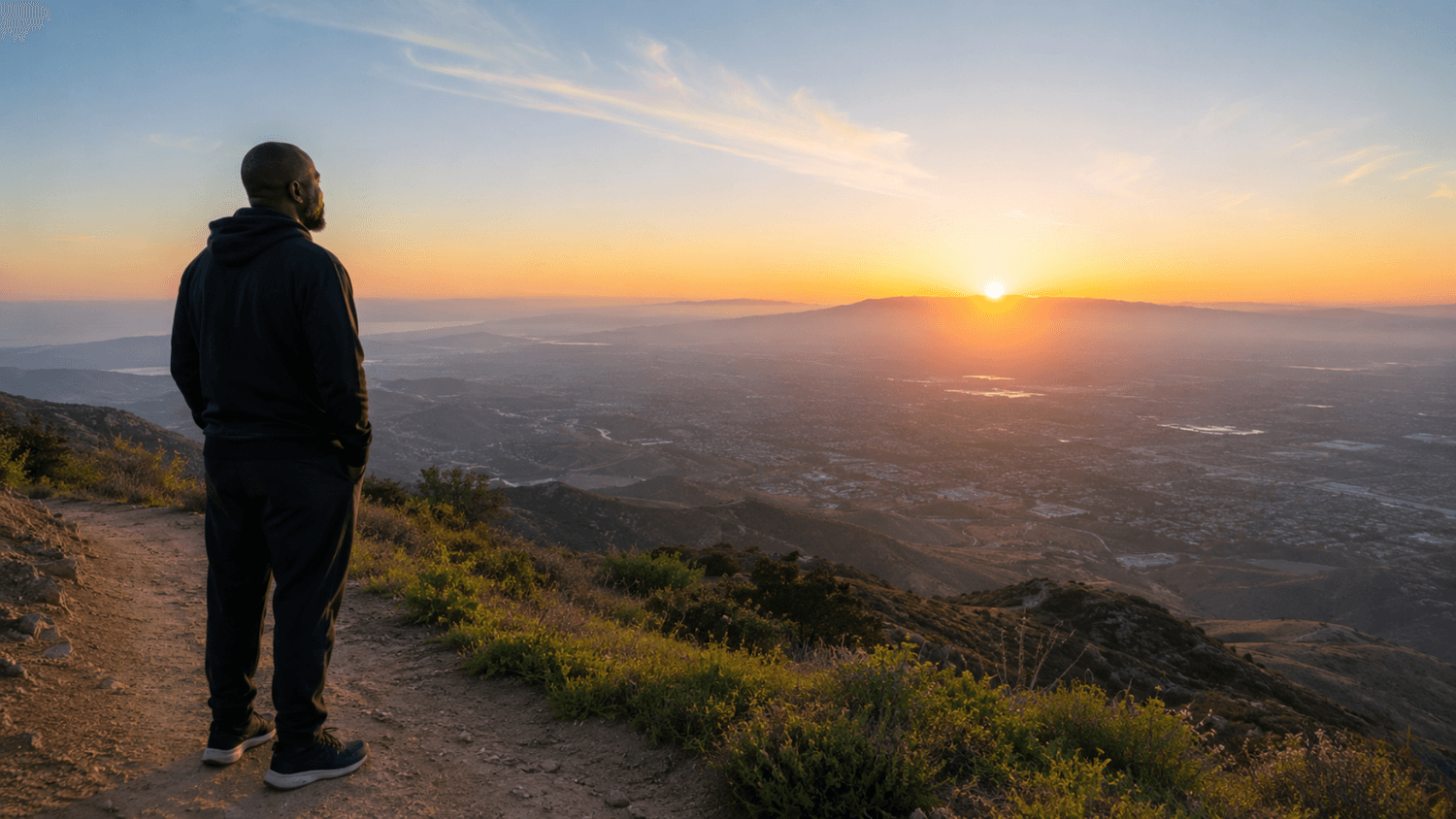 Person standing on a hilltop trail at sunrise overlooking a wide landscape after completing an early morning walk.