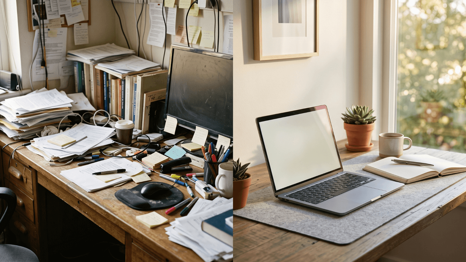 Home workspace showing a cluttered desk on one side and a clean, organized desk on the other with a laptop, water bottle, and notebook in natural daylight