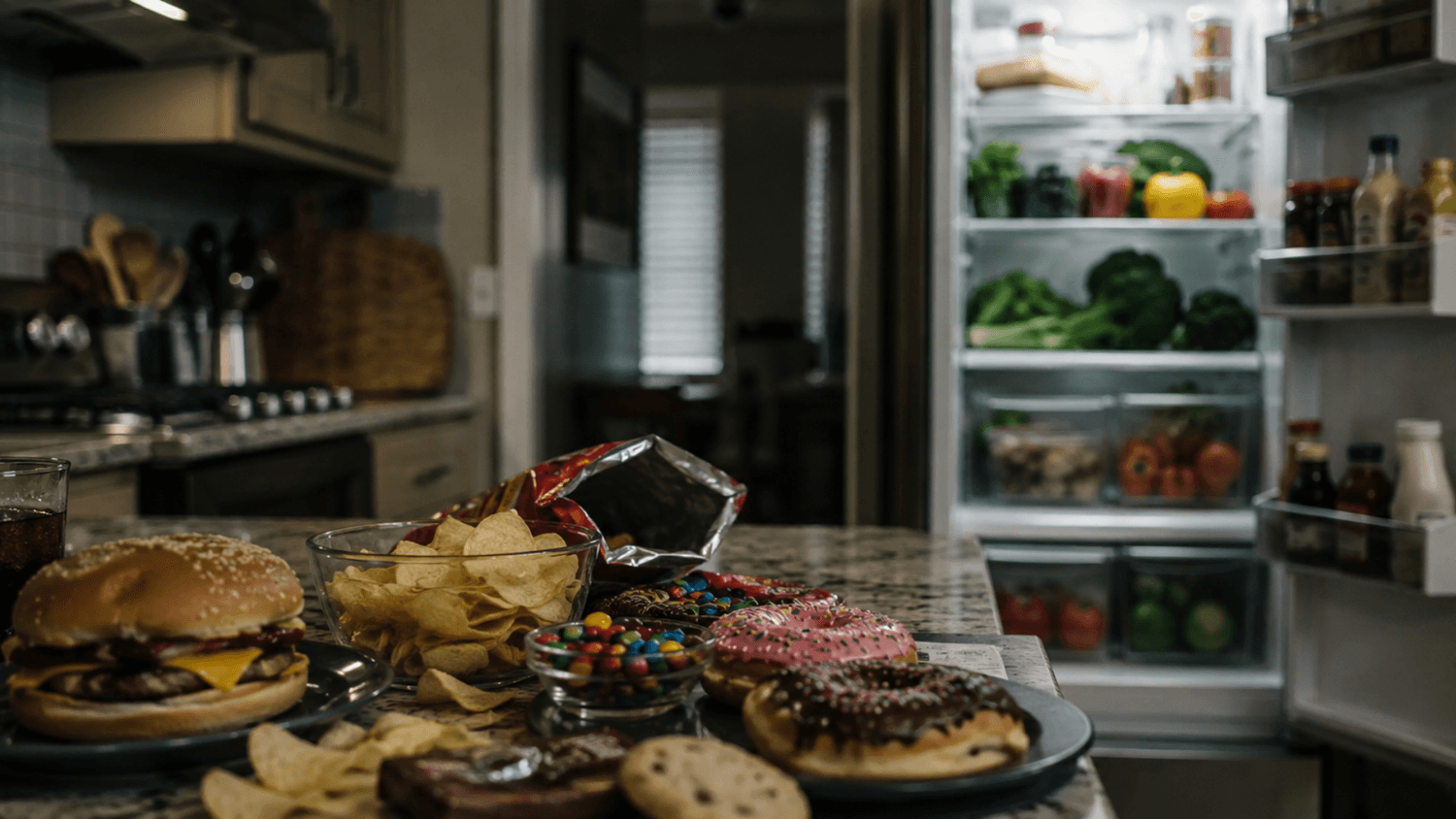 Kitchen scene with unhealthy snacks placed in the foreground while healthier food options are visible in the background fridge, highlighting contrasting choices