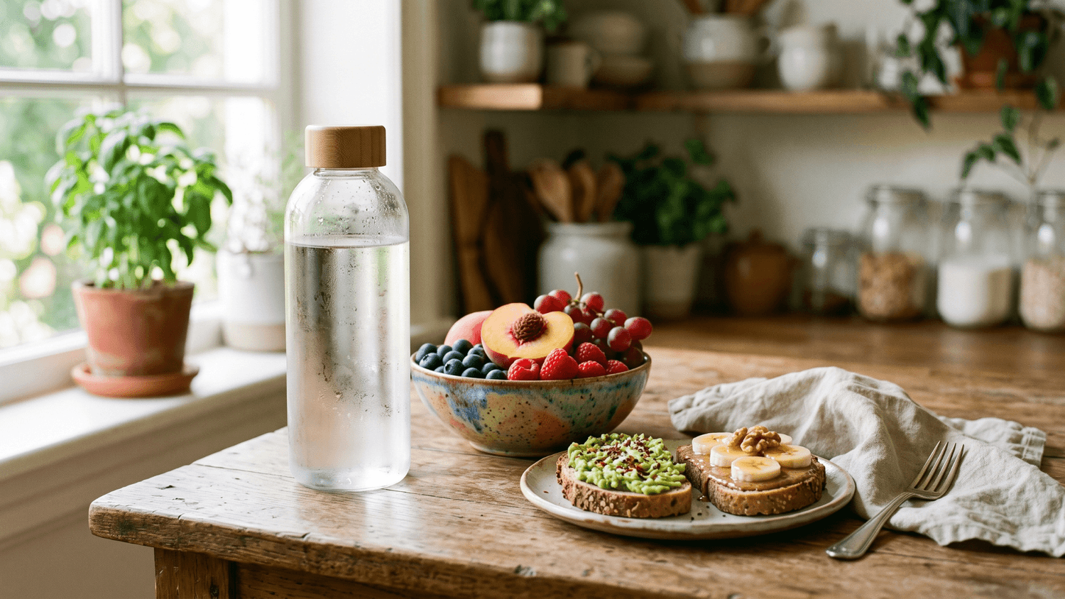 Morning kitchen counter with a filled water bottle, fresh fruit bowl, and a simple healthy snack placed within easy reach in warm sunlight