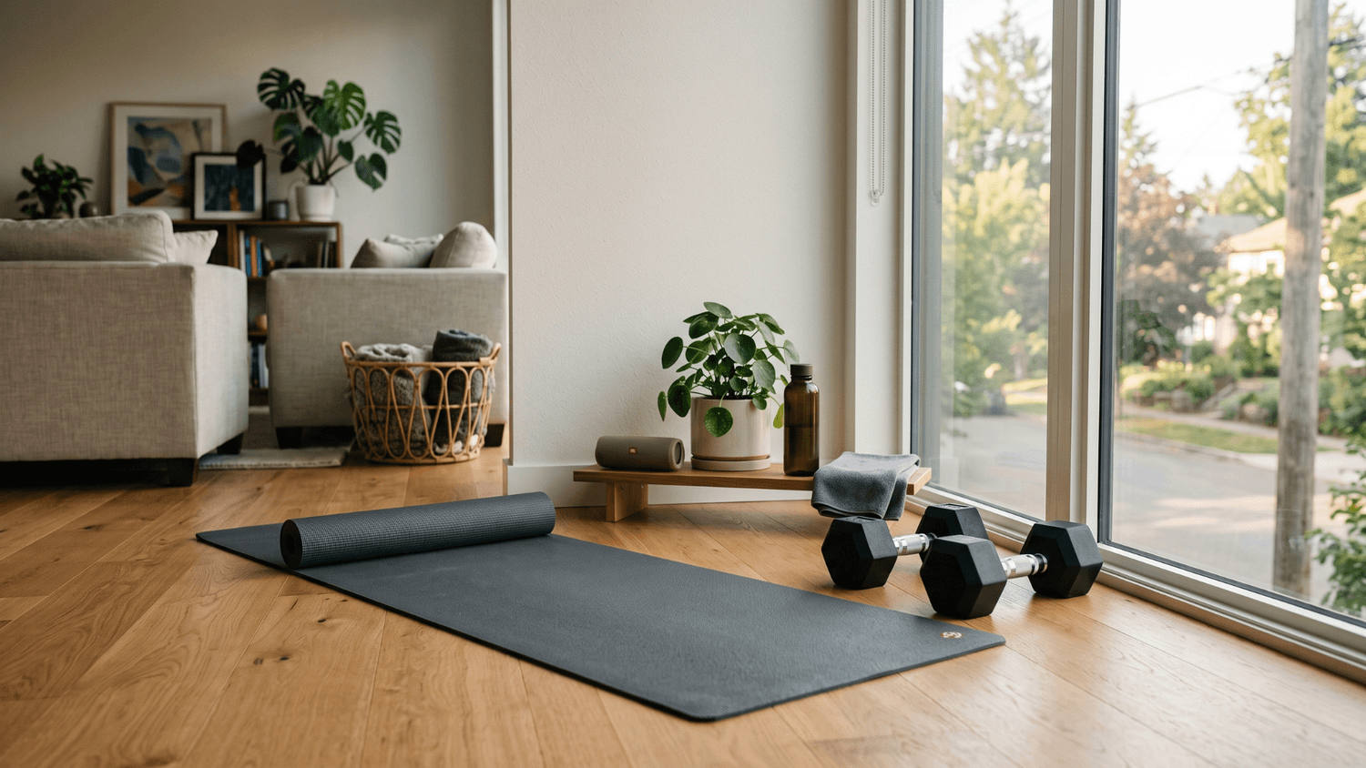 Clean and inviting home corner set up for movement with a yoga mat and dumbbells, softly lit by natural light through a window