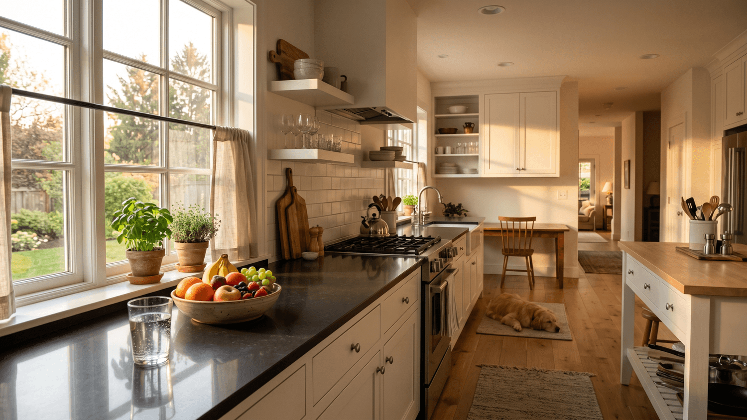 Peaceful home kitchen at sunrise with a water glass and fresh fruit visible, clean and organized environment with soft golden lighting creating a grounded and calm mood