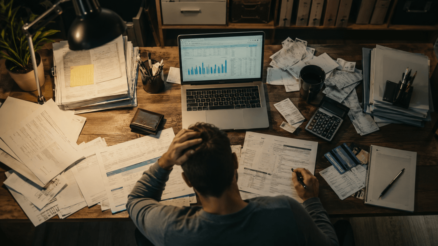 Overhead view of a cluttered desk with bills, credit card statements, and a laptop showing income numbers highlighting high expenses
