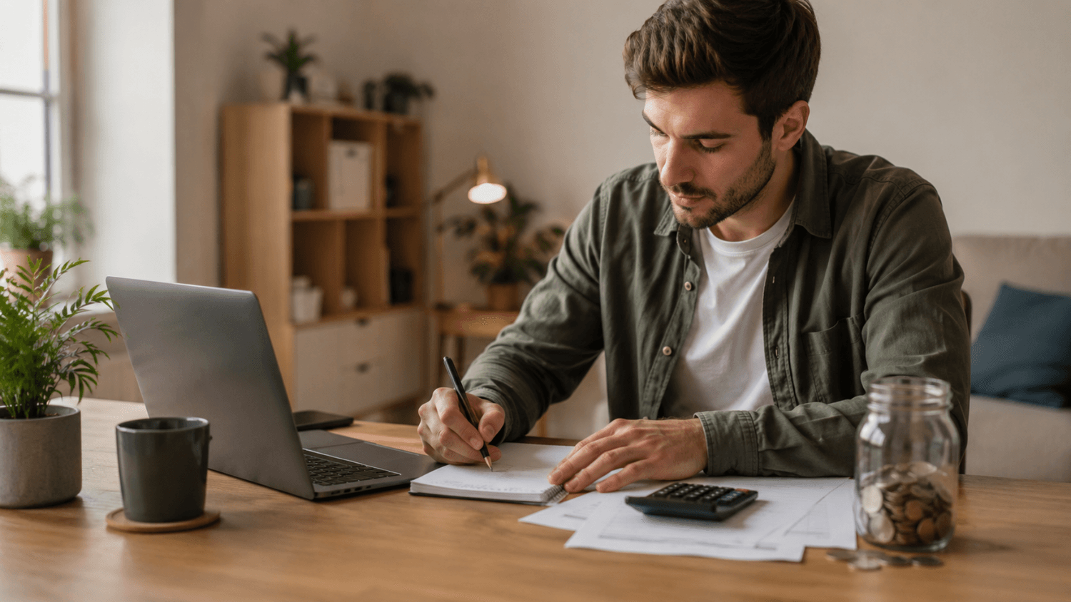Person setting up a simple budget on paper with a laptop and a small savings jar on an organized desk with warm natural lighting