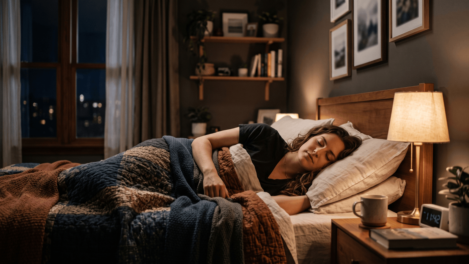 Person peacefully sleeping in a modest bedroom with soft ambient lighting representing financial peace and stability