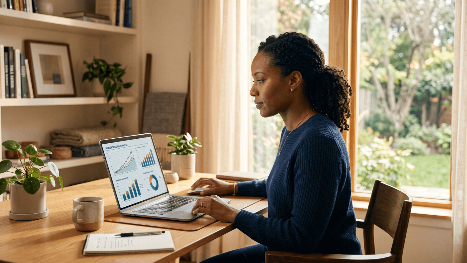 Person reviewing long-term investment charts and savings growth on a laptop in a clean and organized workspace