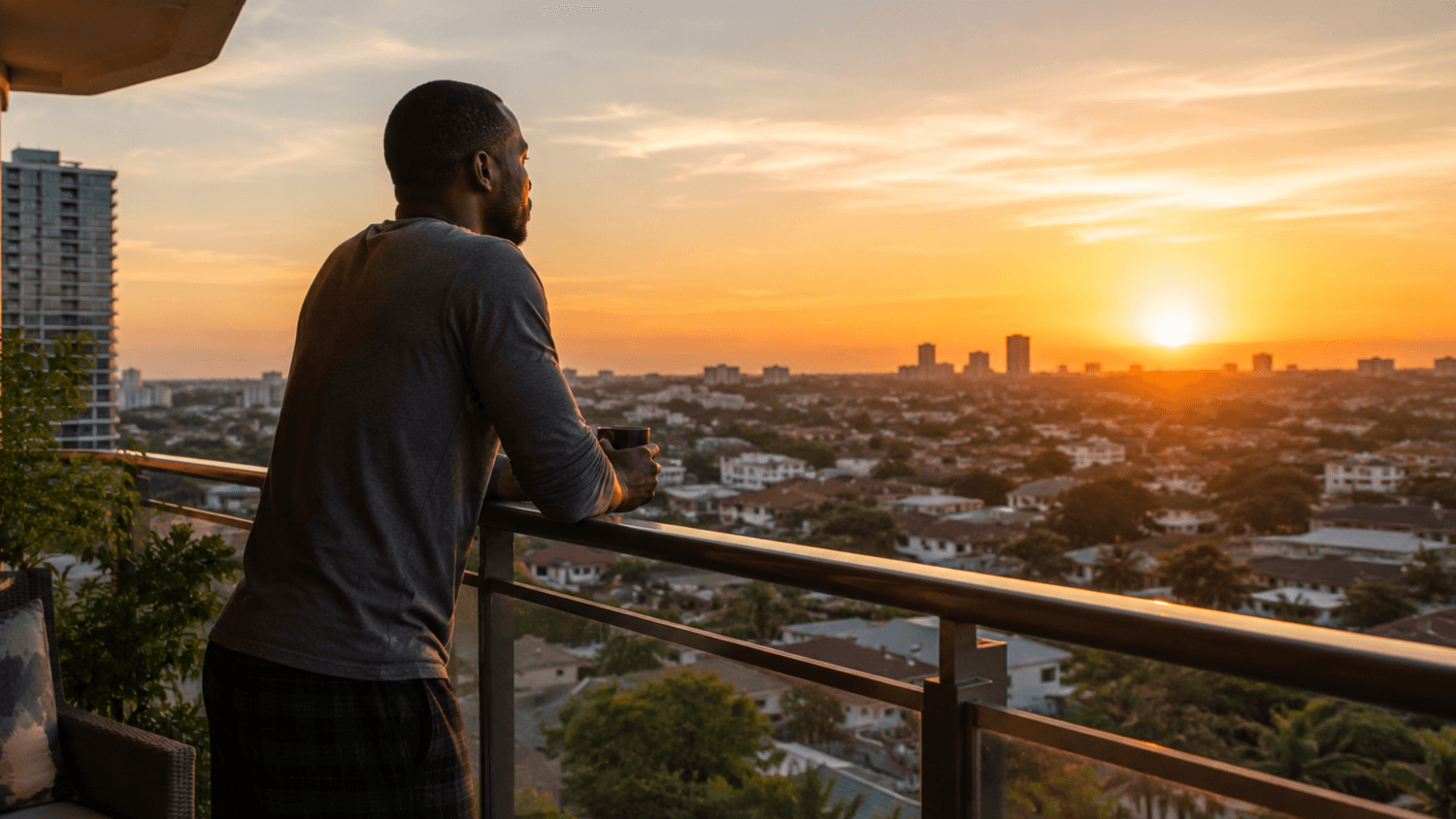 Person standing calmly on a balcony at sunrise overlooking a city with soft golden light representing financial security and calm