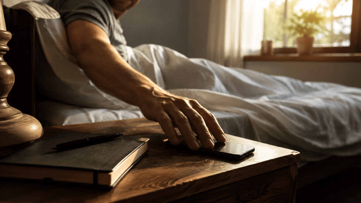 Close-up of a hand reaching for a smartphone on a bedside table while a journal and pen remain untouched in soft morning light.