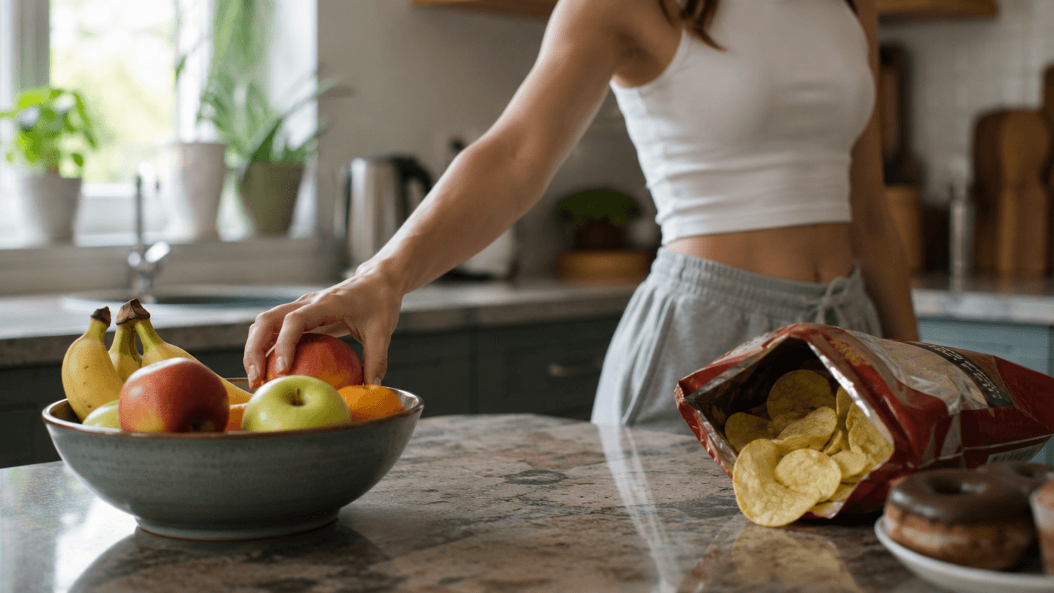 Kitchen counter scene with a person reaching for fresh fruit while a bag of junk food is pushed aside in natural daylight.