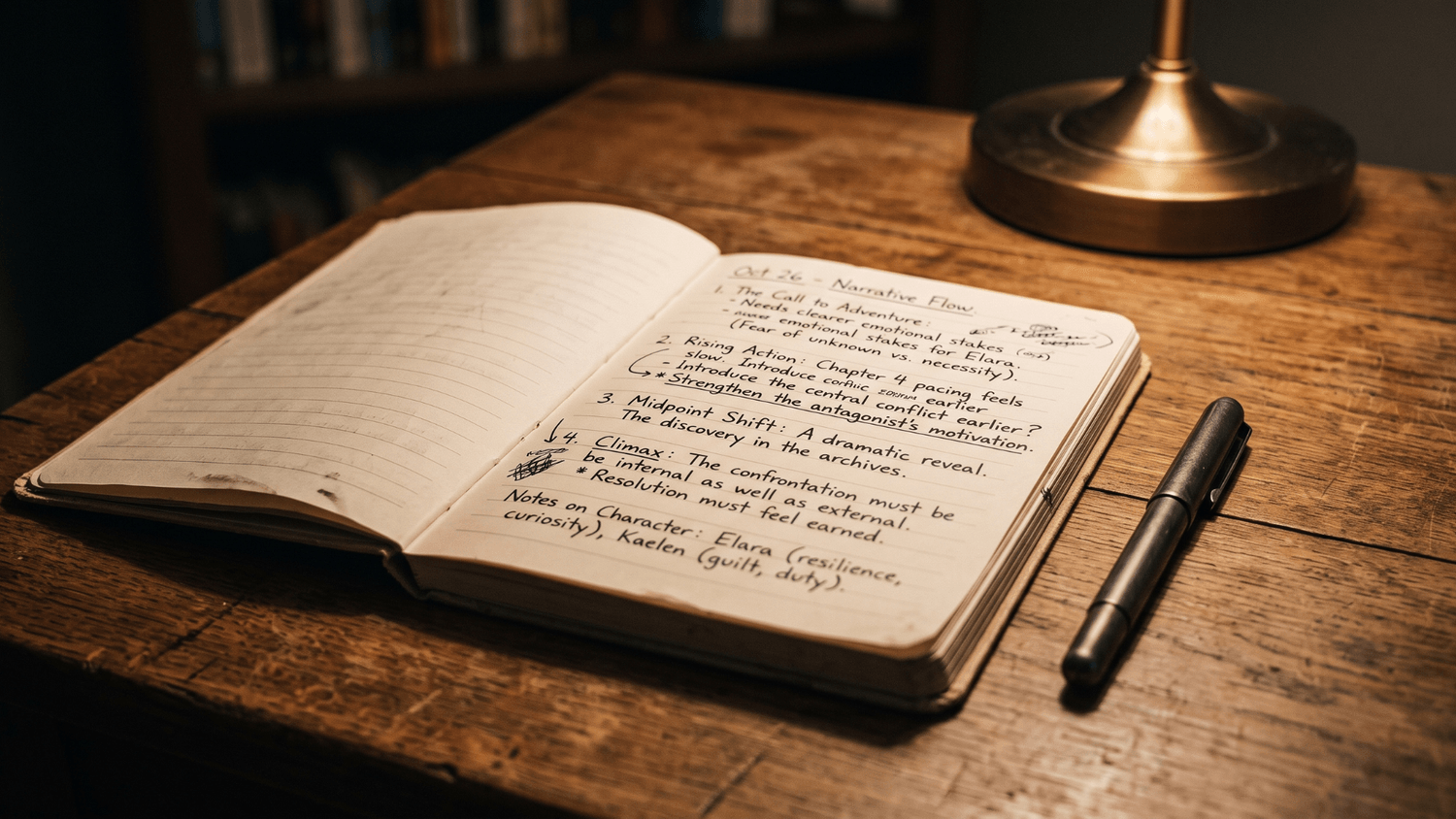 Overhead view of an open journal with handwritten notes and a pen beside it under warm desk lighting in a calm workspace.