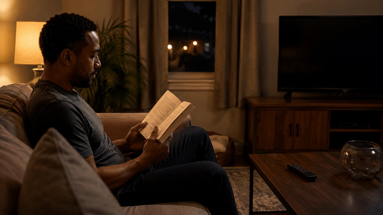 Person sitting on a couch reading a book in a warmly lit living room with a turned-off TV and remote nearby, creating a relaxed atmosphere.