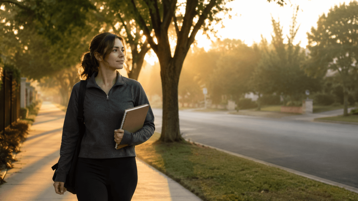 Person walking along a quiet sidewalk at sunrise holding a notebook, reflecting in a calm outdoor environment.