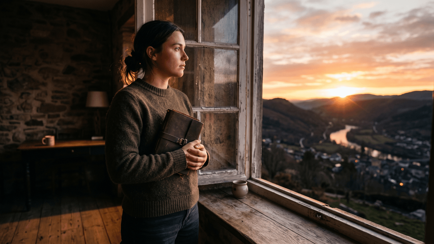 Person standing by a window holding a journal as golden sunrise light fills the room, expressing calm confidence and a fresh start.