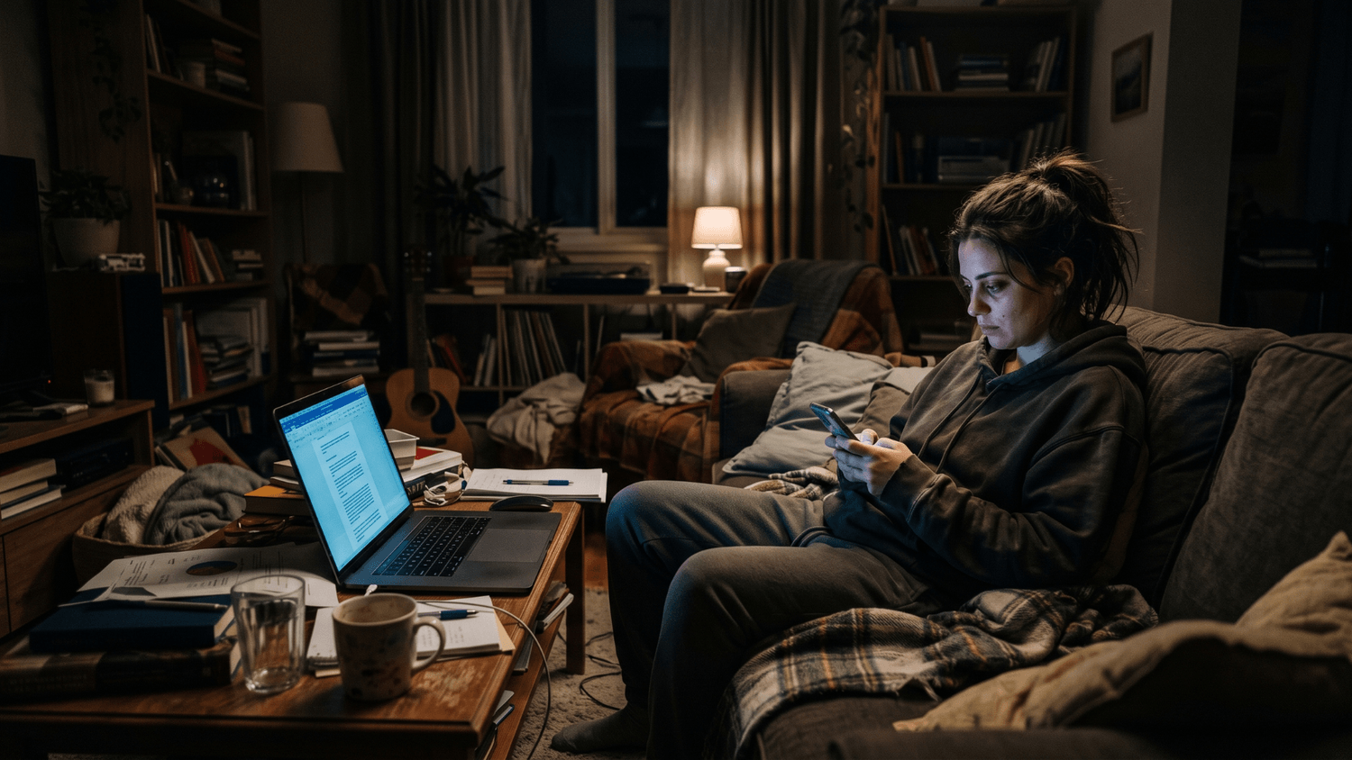 Person sitting on a couch in a dim living room scrolling on a phone while a laptop with unfinished work glows nearby, reflecting mental overload and fatigue
