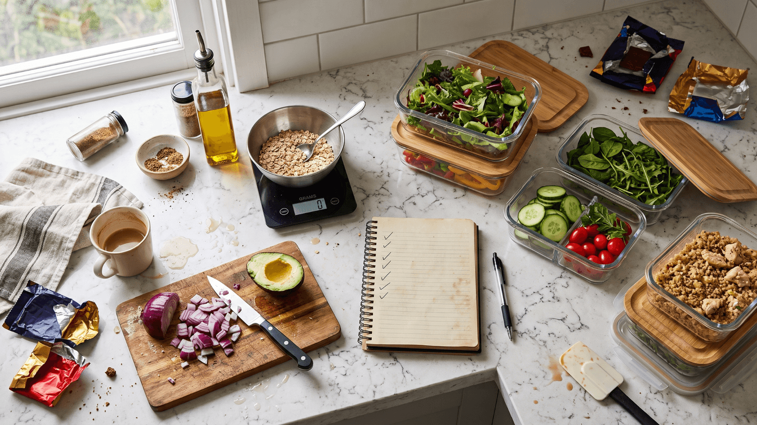 Overhead view of a cluttered kitchen counter with healthy food containers, a scale, a meal tracking notebook, and scattered snack wrappers showing effort mixed with inconsistency