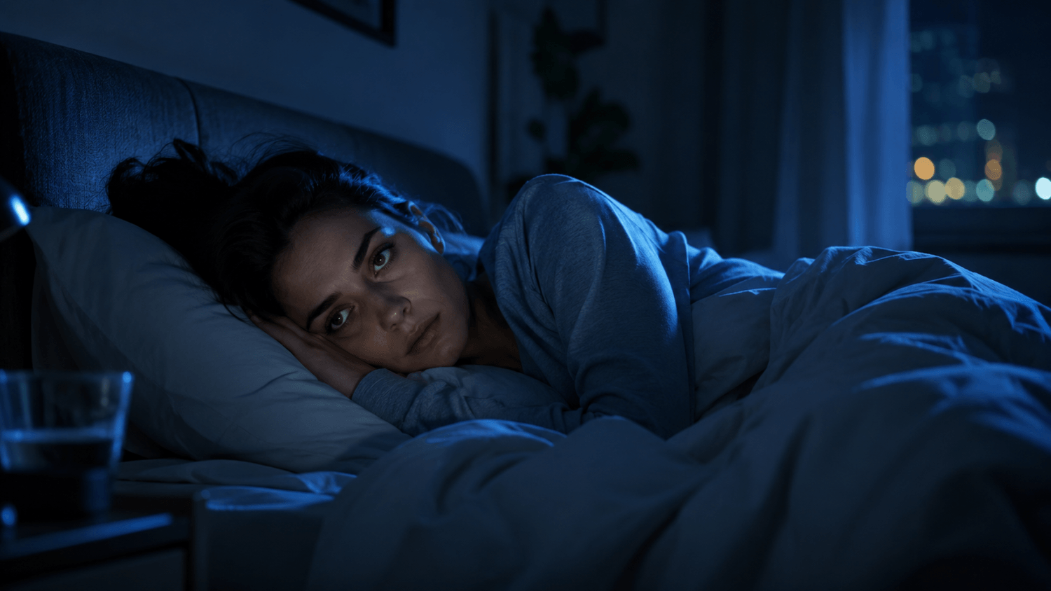 Person lying awake in bed at night with soft blue light illuminating the room, showing a tired expression and mental restlessness