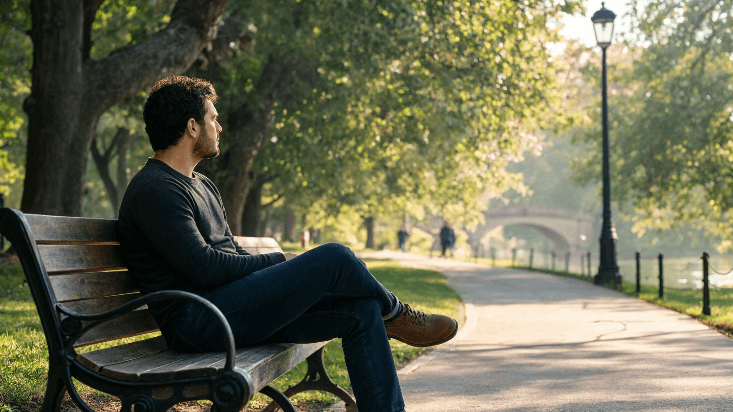 Person sitting quietly on a park bench in the early morning with soft natural light, reflecting calm, recovery, and a peaceful mental state