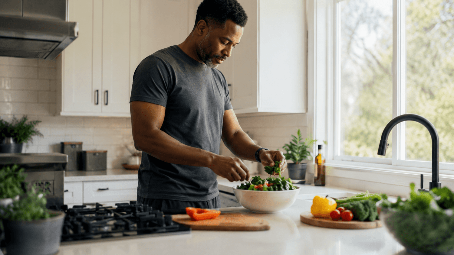 Person preparing a simple healthy meal in a clean kitchen during daylight, showing calm, consistency, and a controlled environment