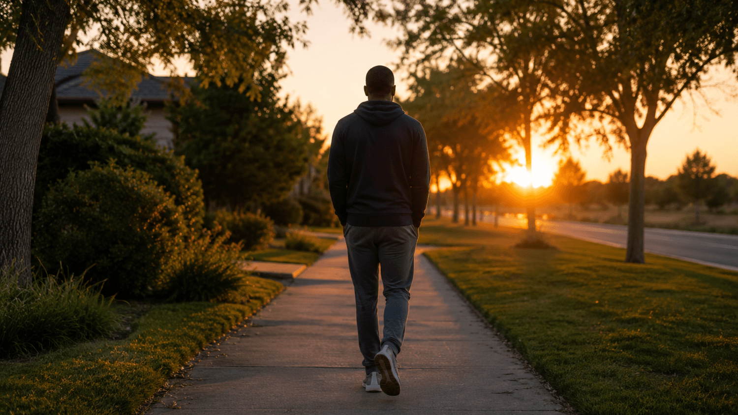 Person walking calmly outdoors during sunset in a quiet neighborhood or park, representing recovery, forward movement, and a peaceful state of mind