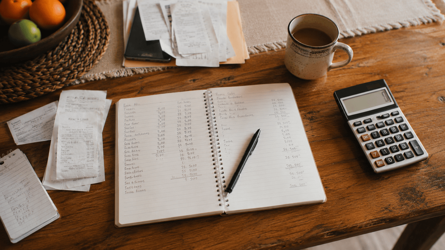 overhead view of a kitchen table with handwritten expenses, calculator, pen, and scattered bills in a realistic home setting