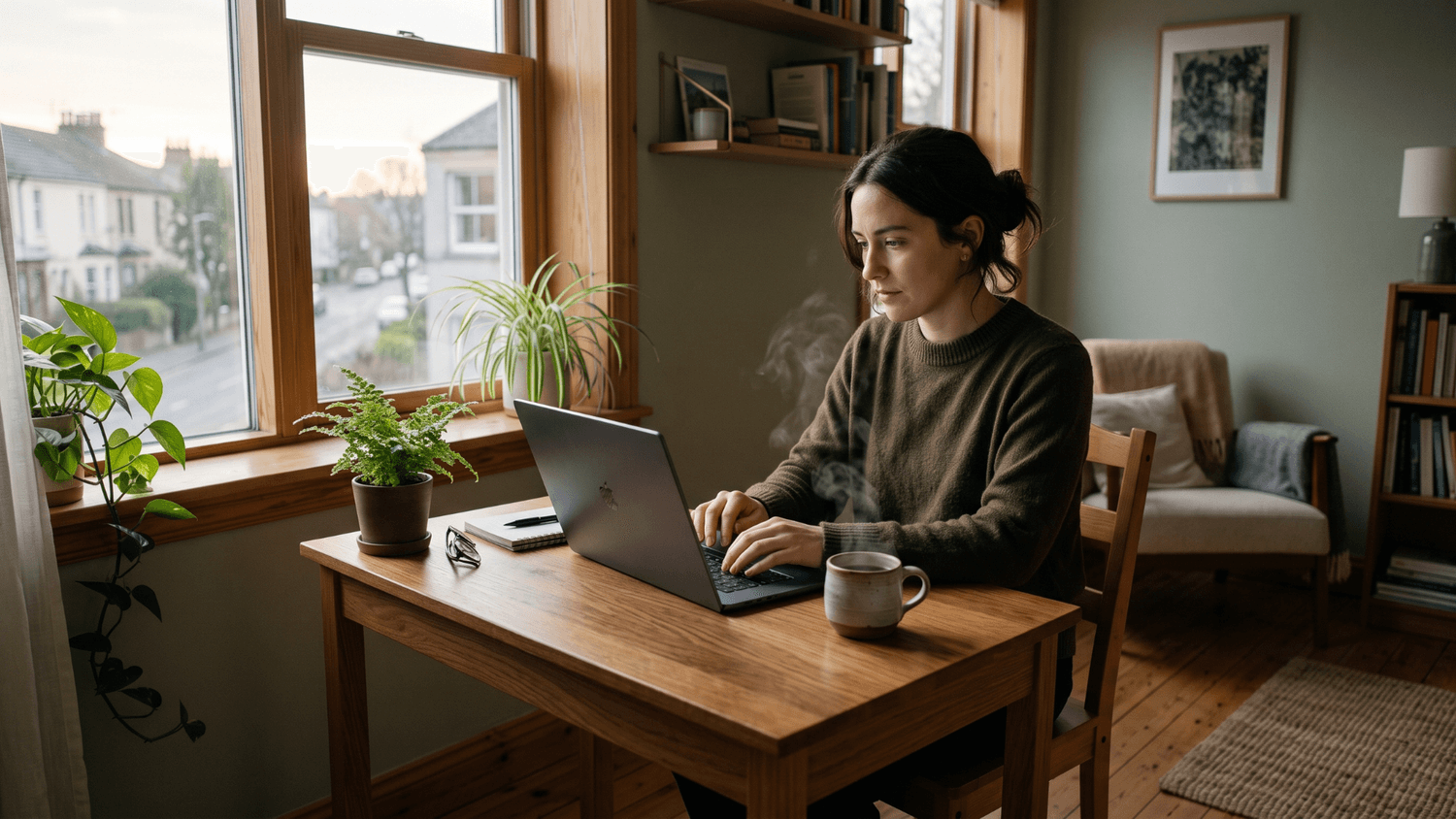 person working on a laptop at a small desk in early morning light with coffee nearby, representing calm and focused part-time income building