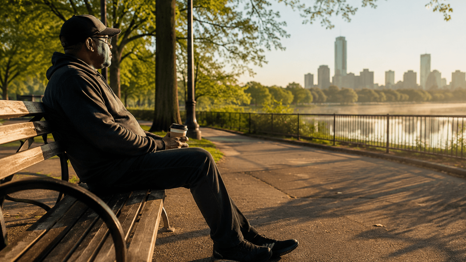person sitting alone on a park bench in the early morning with relaxed posture and soft sunlight, representing calm control and time freedom