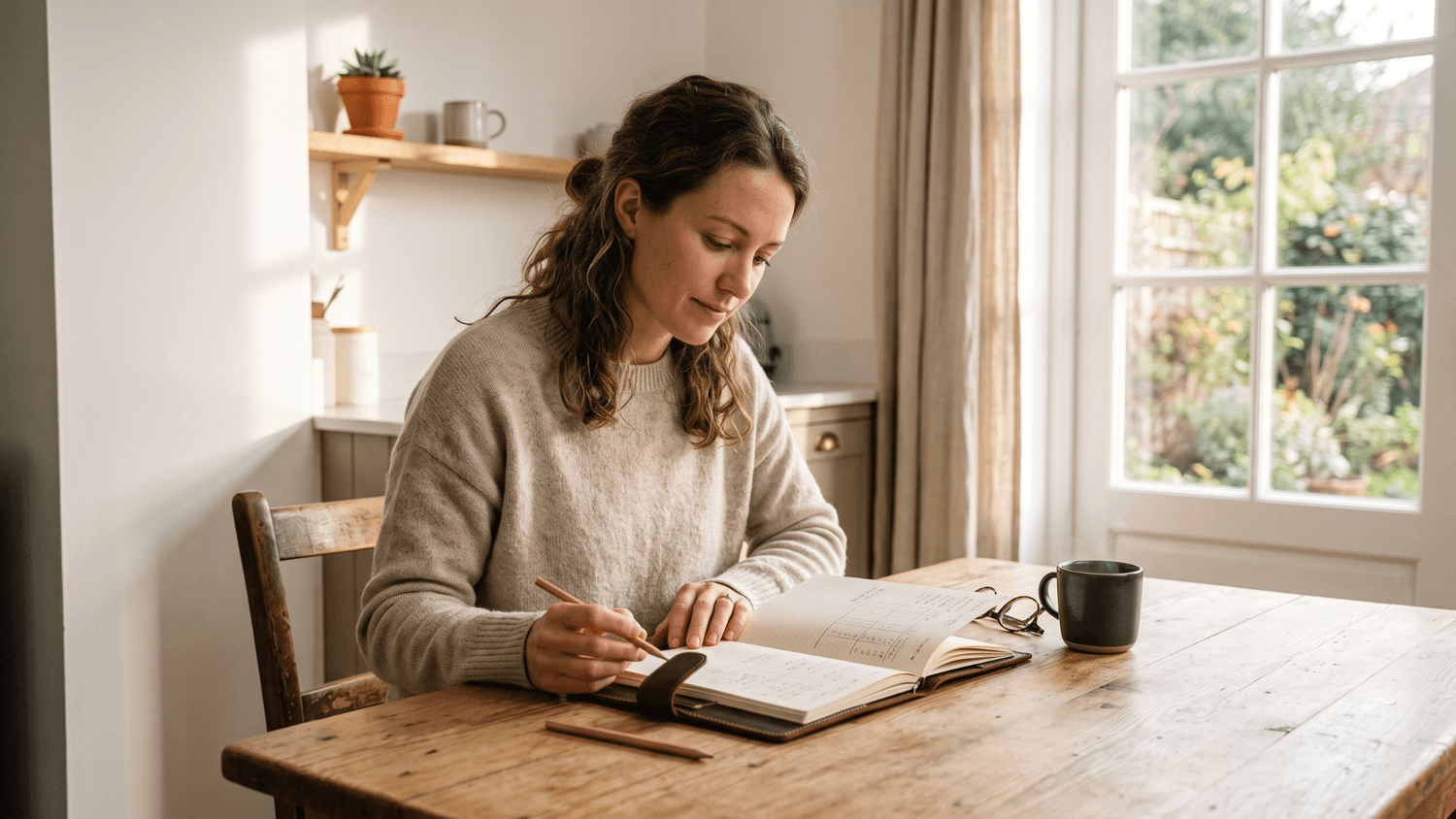 person reviewing a simple budget notebook at a clean kitchen table in natural morning light with a calm and organized environment