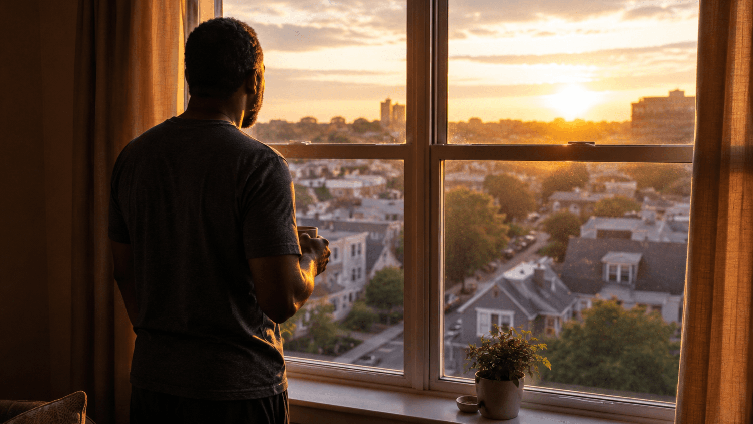 person standing near a window at sunrise overlooking a quiet neighborhood with soft golden light and a sense of calm new beginning
