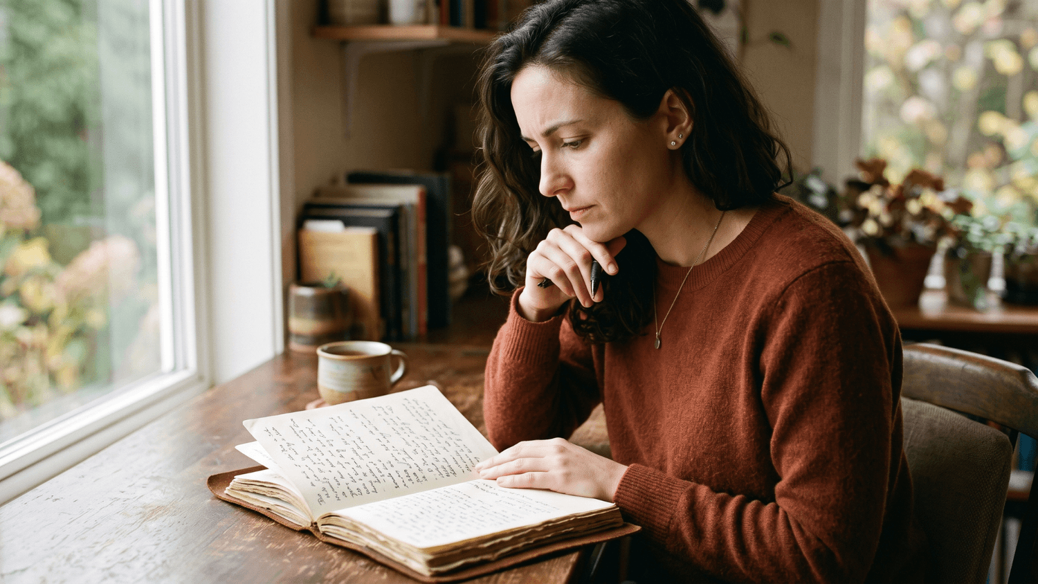 Close-up of a person thoughtfully looking at handwritten notes in a journal, natural window light highlighting the page and conveying self-awareness and reflection
