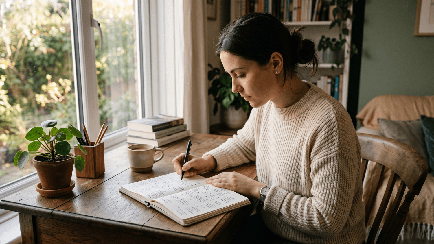 Person sitting at a desk mapping out goals and ideas in a notebook, soft morning light and an organized space reflecting intention and planning