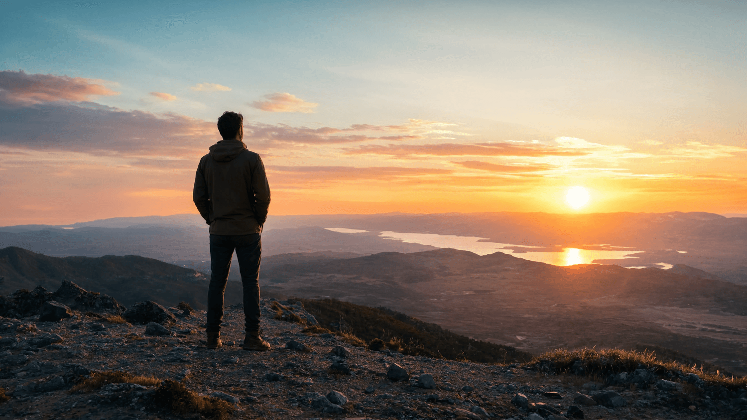 Wide outdoor shot of a person standing at sunset looking toward the horizon, calm posture and warm light symbolizing vision and direction for the future
