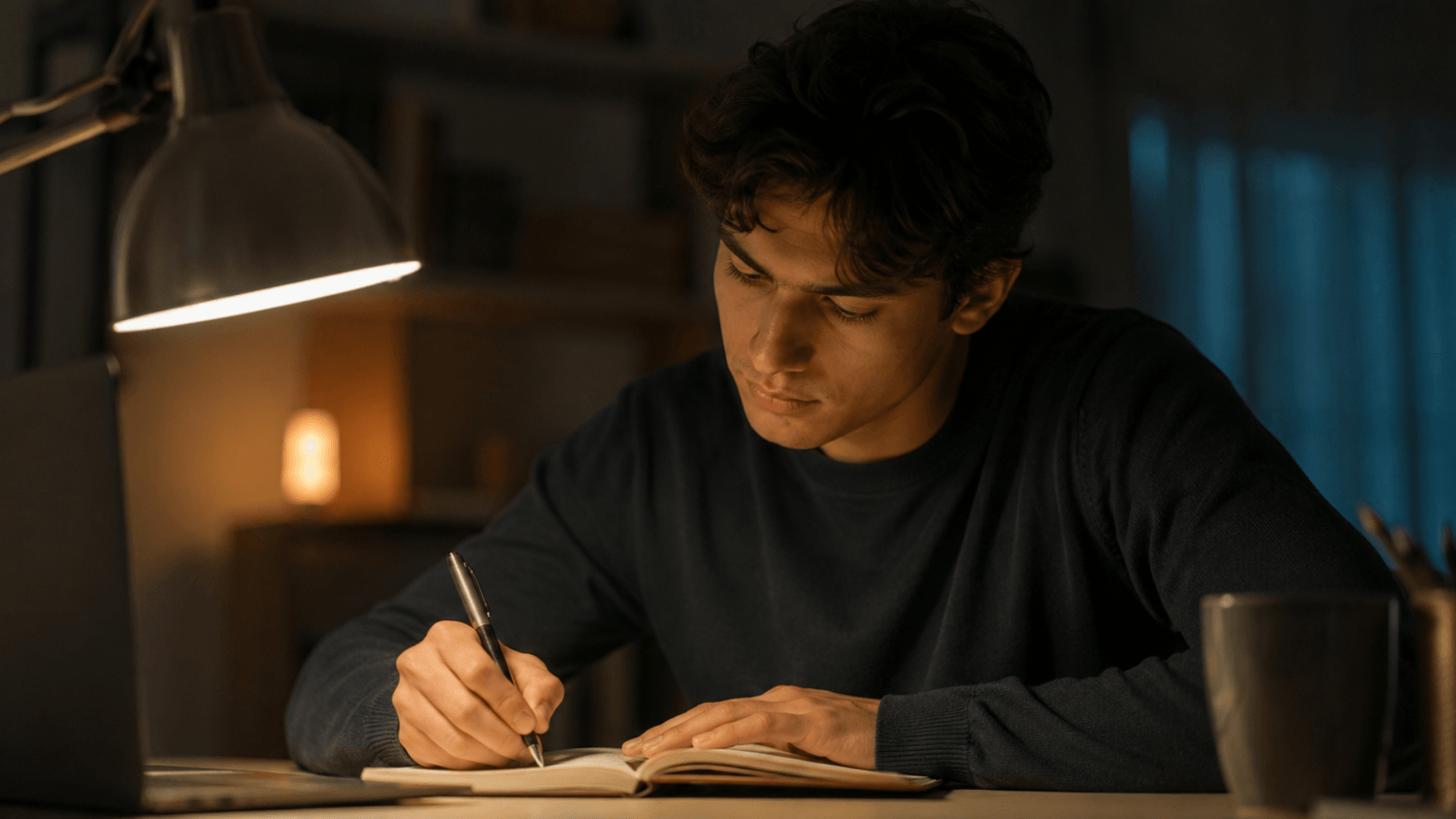 Close-up of a person writing in a notebook under warm desk lighting, focused expression showing steady progress and a sense of control