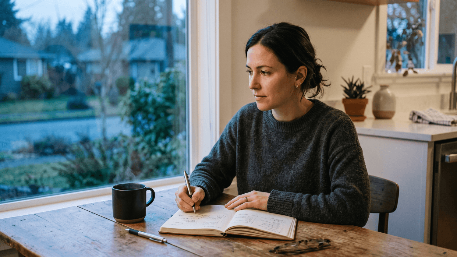 Person sitting at a kitchen table in the early morning with a notebook and coffee, reviewing goals in a calm and focused environment