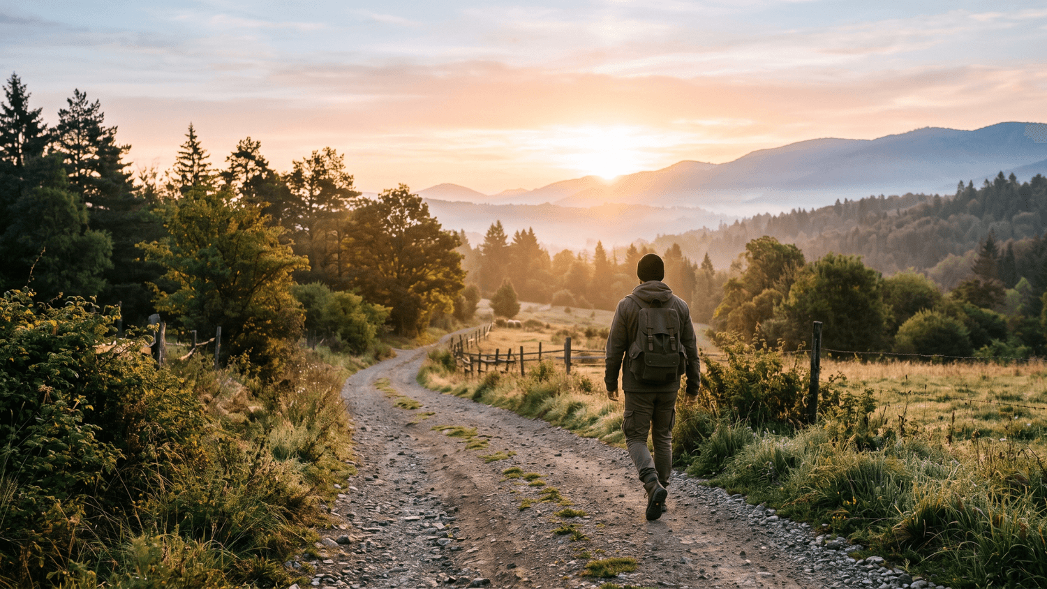 Person walking forward on a quiet path at sunrise, soft golden light and confident posture symbolizing moving into a new chapter in life