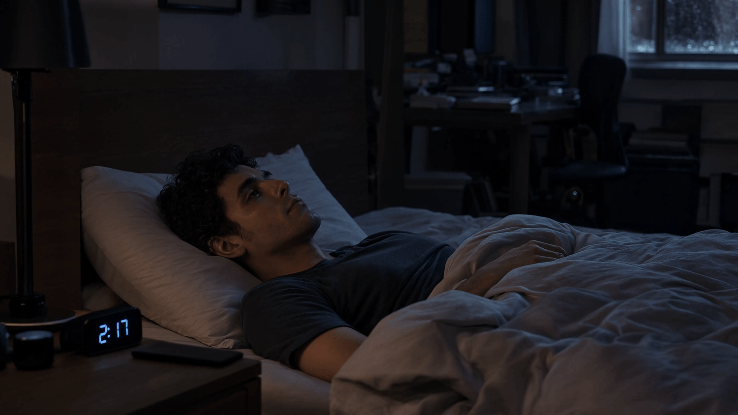 Person lying in bed at night staring at the ceiling with eyes open, dim lighting and a faint glow nearby, reflecting an active mind despite physical rest