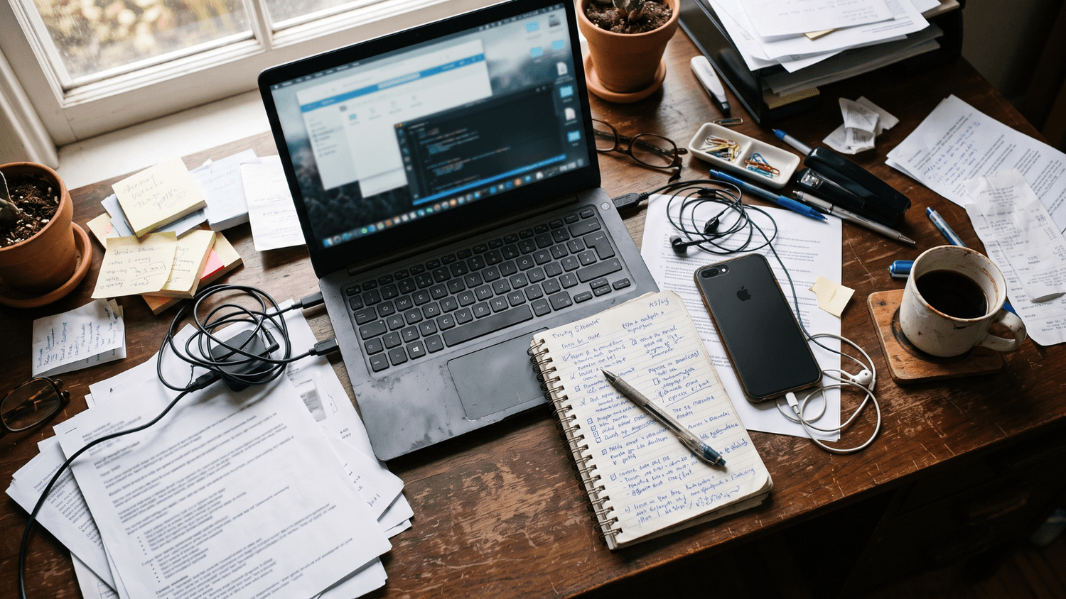 Overhead view of a cluttered desk with a laptop, task-filled notebook, phone notifications, scattered papers, and coffee, representing mental overload