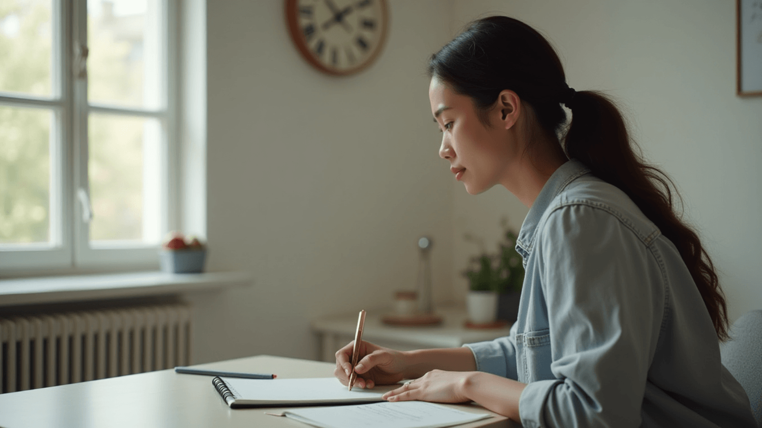 Person sitting calmly at a small table writing a short list of priorities in a notebook, minimal environment with soft natural light and focused expression