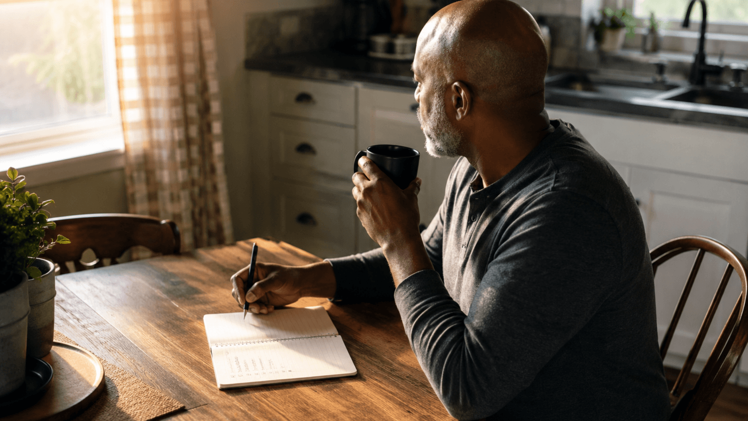 Person sitting at a kitchen table in the early morning with coffee and a simple notebook, relaxed posture in a calm and organized setting with soft sunlight