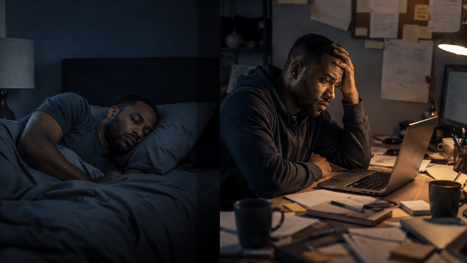 Split scene showing one person sleeping peacefully in a dark bedroom and another sitting stressed at a desk surrounded by tasks and screens, highlighting fatigue versus overload