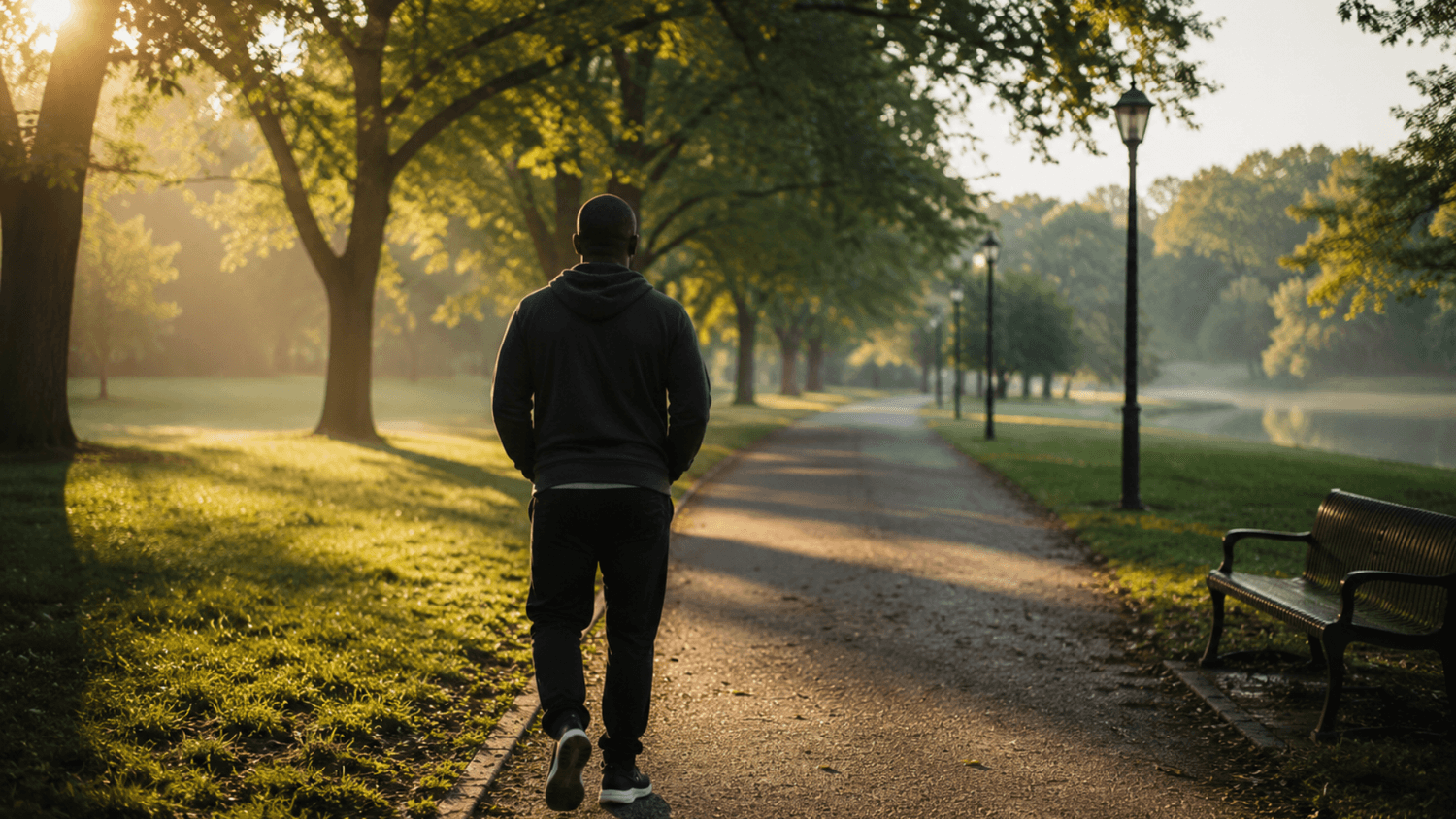 Person walking calmly through a quiet park in early morning light with relaxed posture and soft sunlight, symbolizing mental clarity and reduced pressure