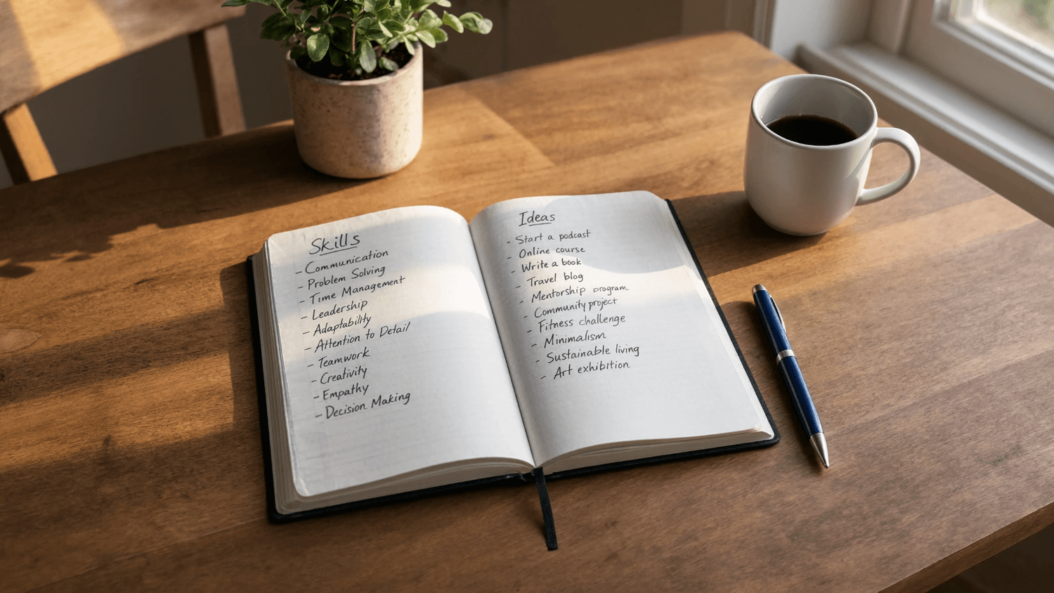 Overhead view of a notebook on a kitchen table with handwritten lists of skills and ideas, pen nearby in soft natural morning light