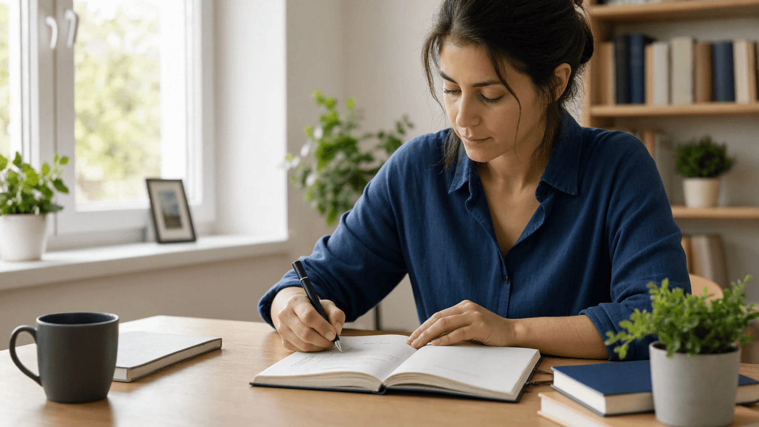 Person writing an action plan with small checklist steps in a notebook at a clean desk with natural daylight