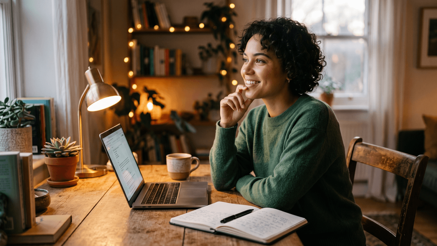 Person sitting at a desk with a laptop and notebook pausing with a confident and thoughtful expression in a quiet home setting