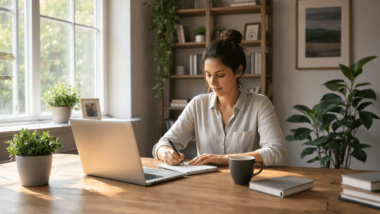 Person working calmly at a desk with a laptop, notebook, and coffee in a bright organized space showing steady progress and control