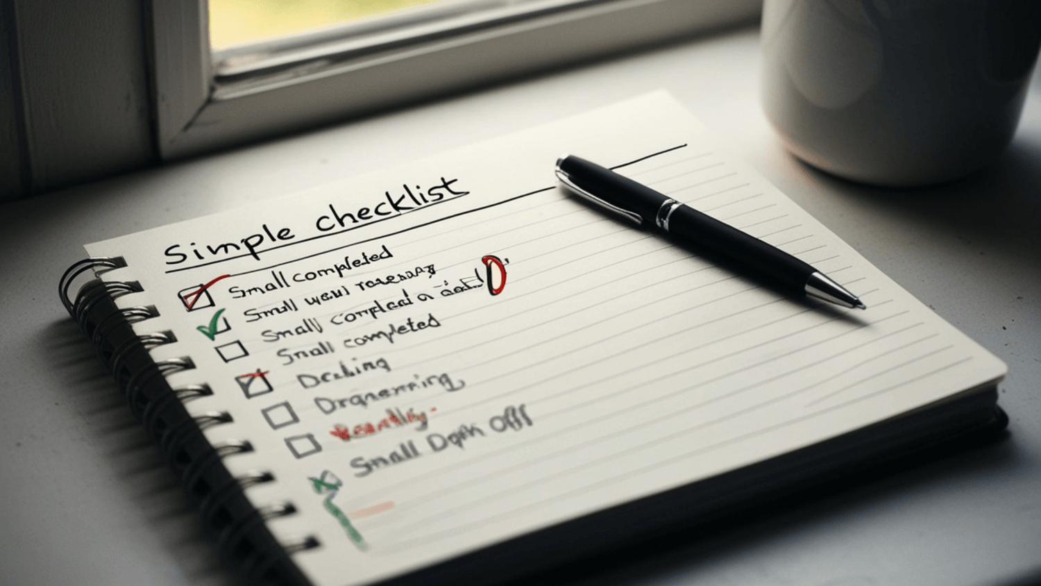 Overhead view of a simple notebook checklist with small completed tasks checked off, pen nearby, natural morning light in a modest home setting