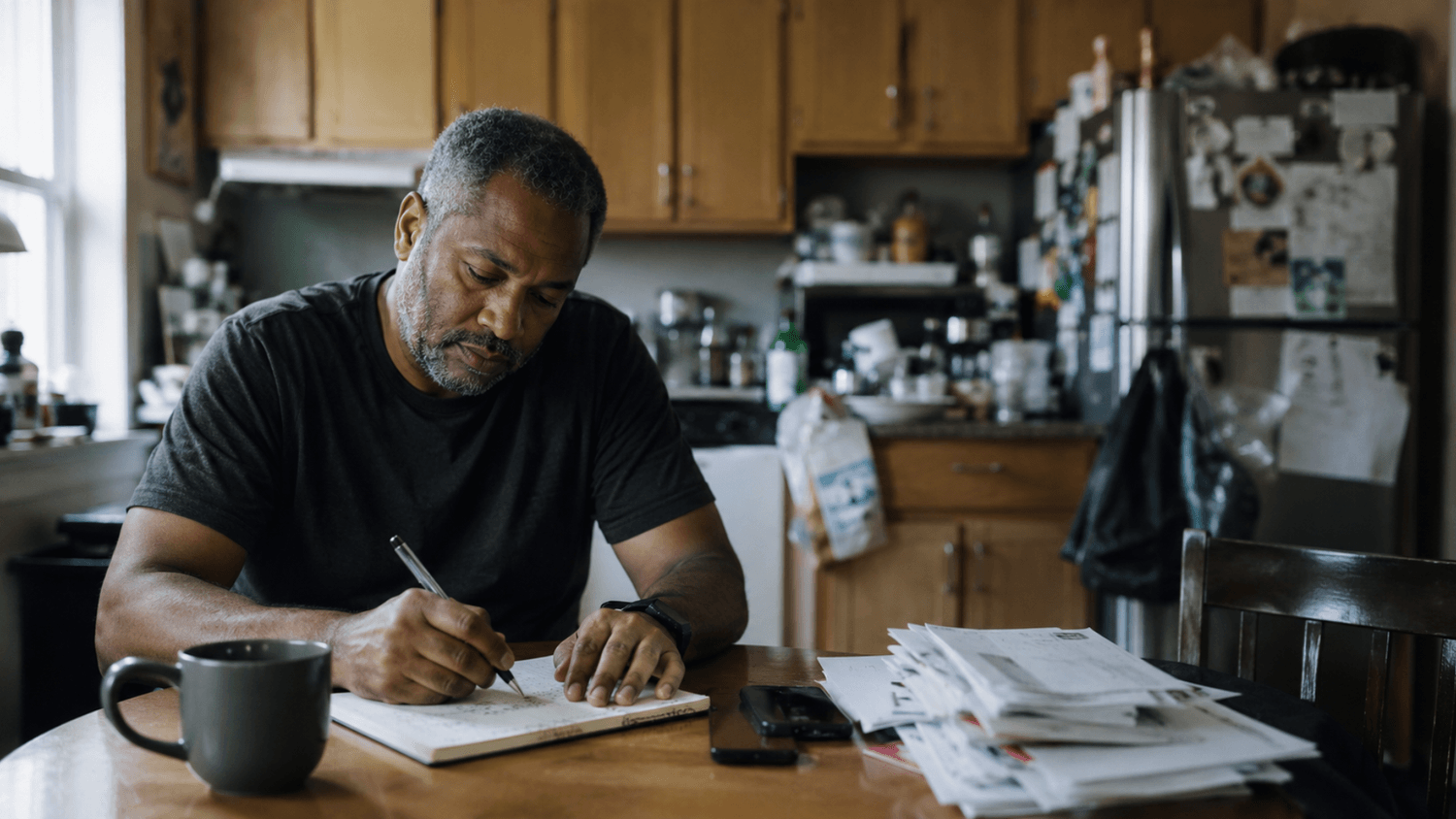 Person sitting at a small kitchen table writing a short task list while staying focused despite a cluttered background, soft natural daylight and calm expression