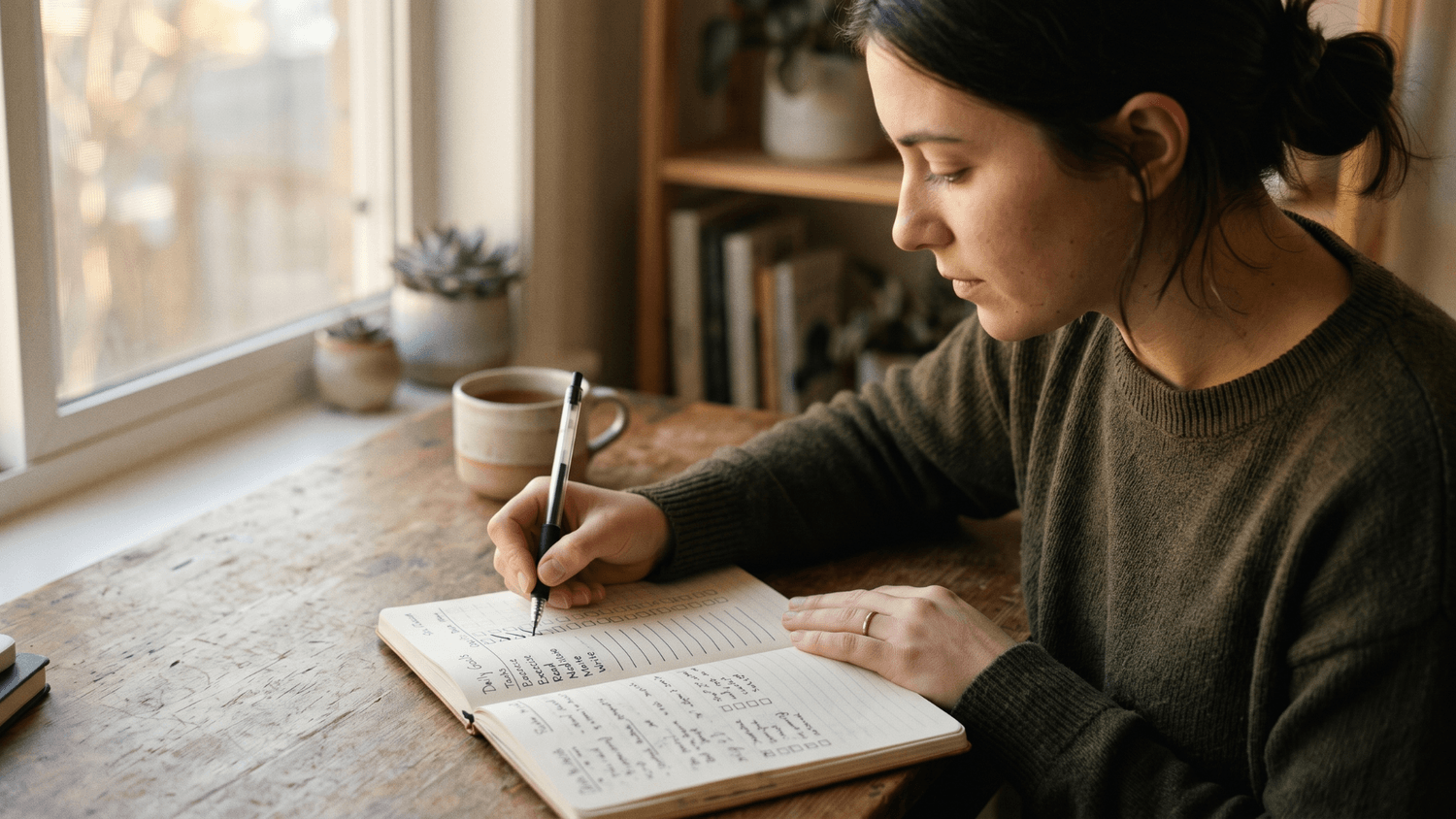 Close-up of a person marking off a completed task in a simple daily tracker notebook with soft afternoon lighting and a calm focused posture