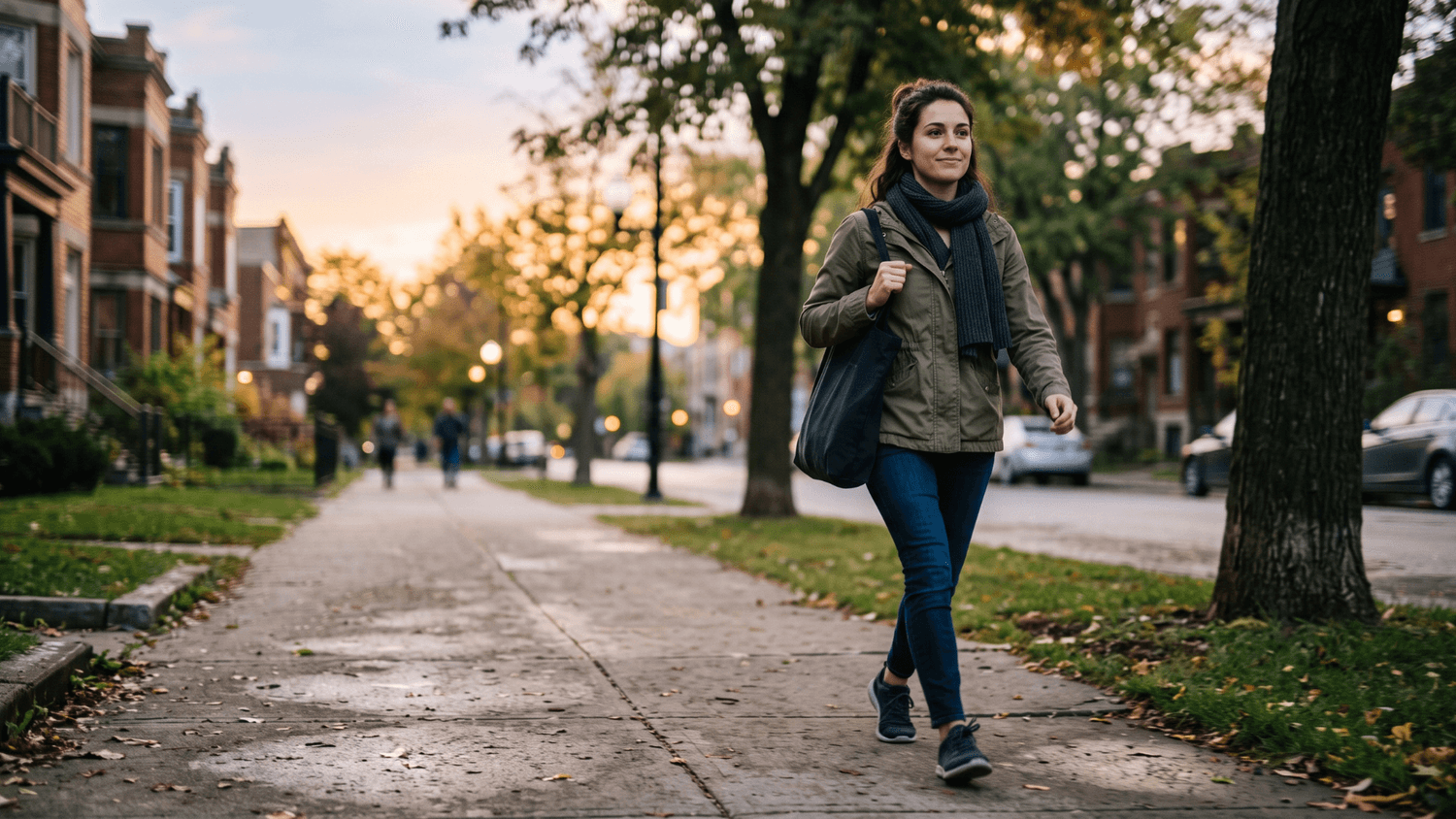 Person walking confidently along a quiet sidewalk in the early morning with soft natural lighting and a subtle sense of forward progress