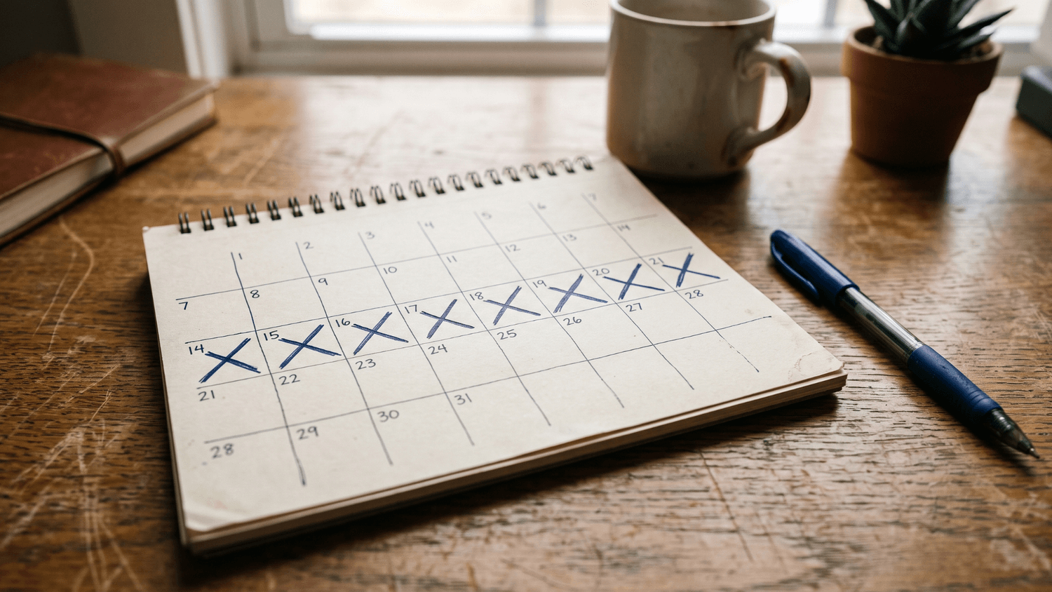 Close-up of a calendar with several consecutive days marked off showing a streak of completed actions on a softly lit desk