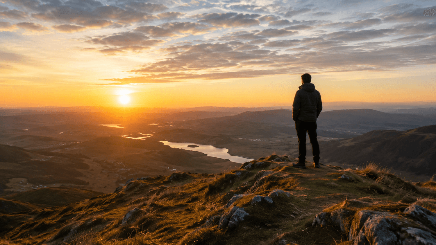 Person standing at the top of a small hill at sunrise looking out over a wide landscape with a calm confident posture and warm golden light symbolizing steady progress